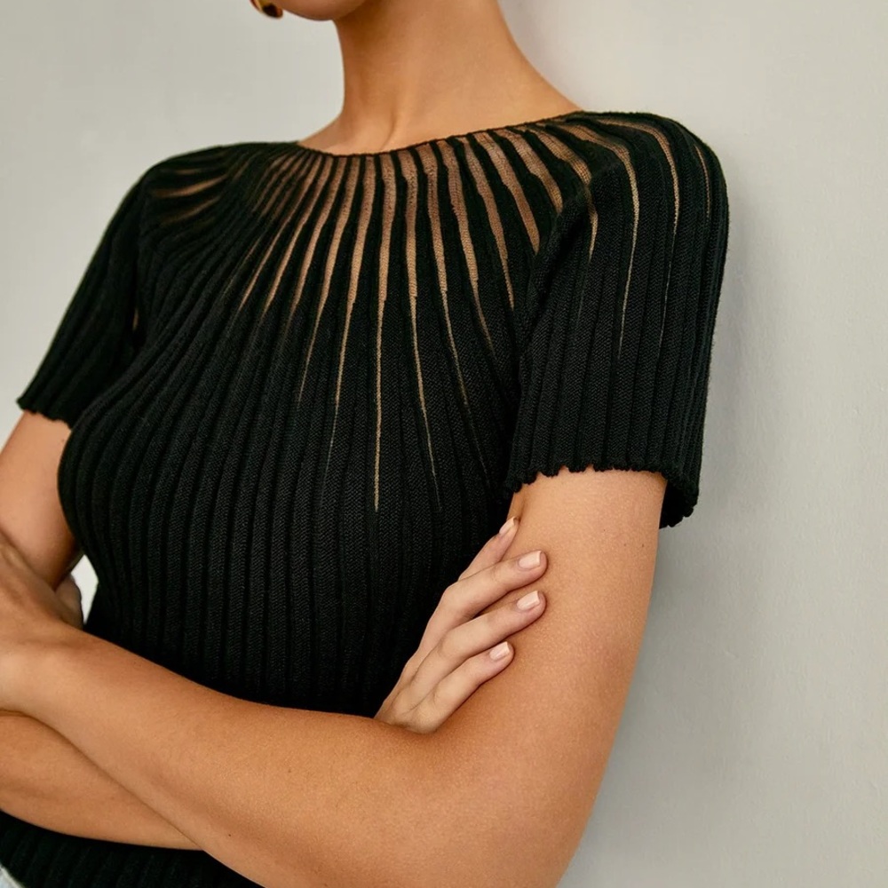 Commense Black Ribbed Short Sleeve Sheer Top Small